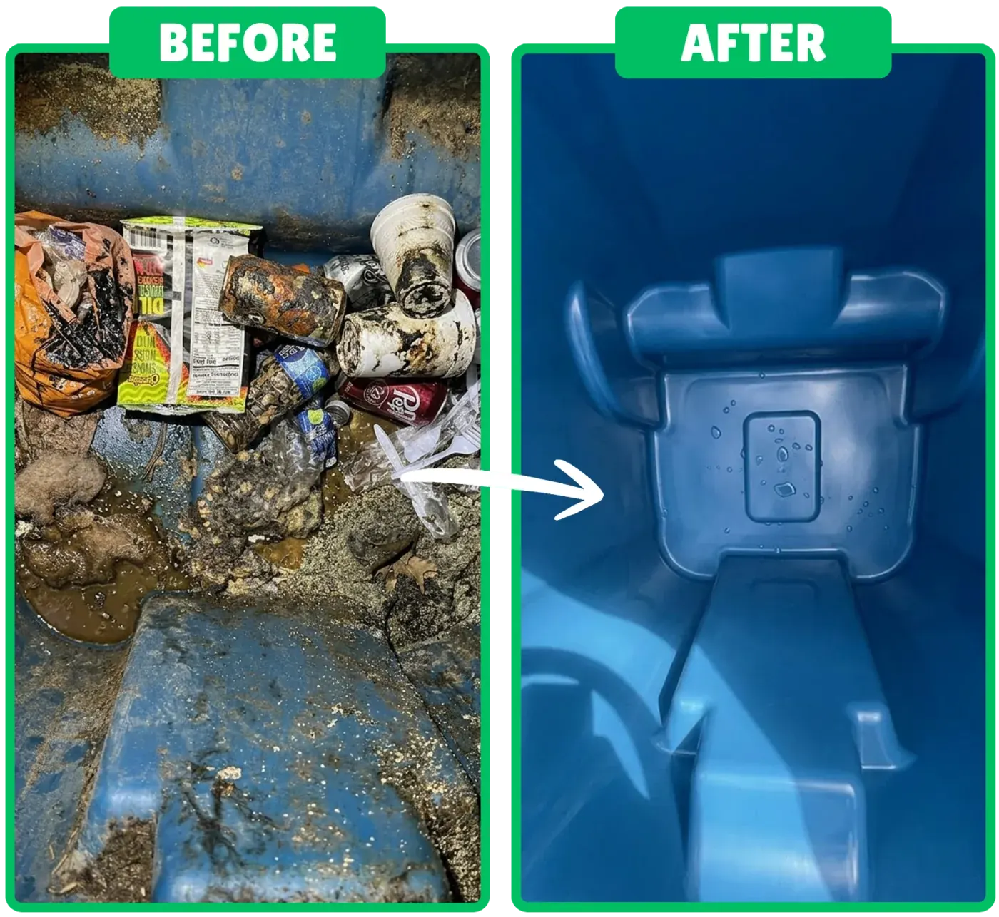 Trash bin before and after professional cleaning by Greenstone Cleaning Co.