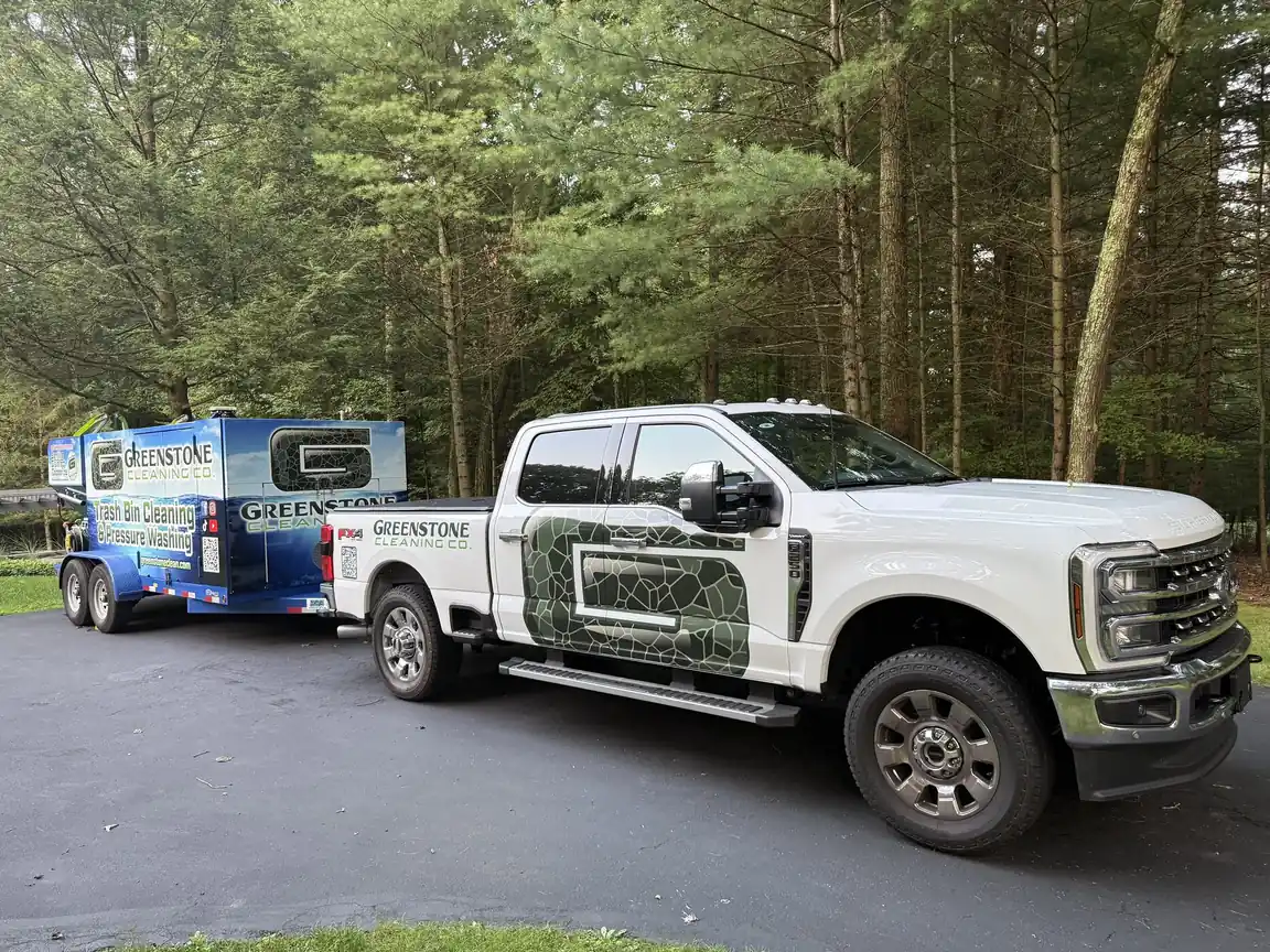 Greenstone Cleaning Co. truck and professional bin-cleaning trailer in the Poconos