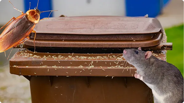 Rats and cockroaches attracted to a dirty trash bin